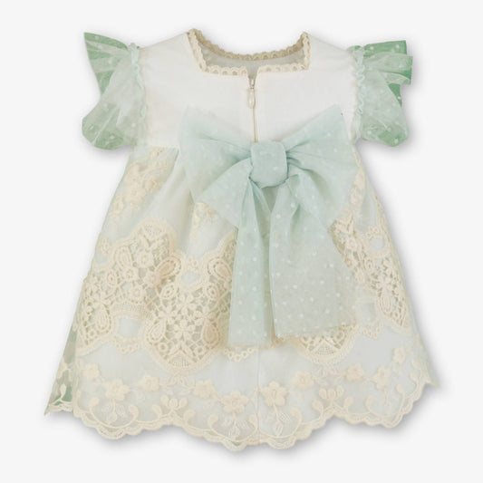 Vestido de bebé en Tul verde Agua con encaje bordado y lazo trasero