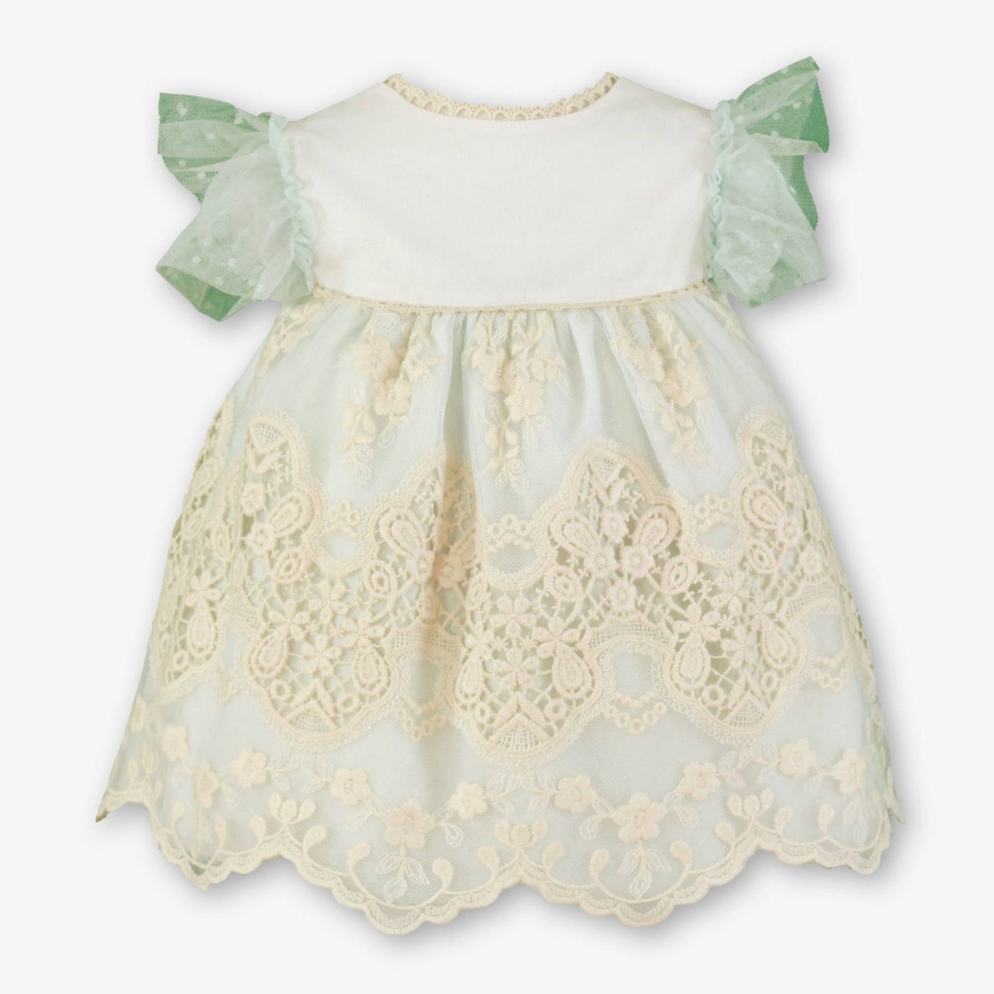 Vestido de bebé en Tul verde Agua con encaje bordado y lazo trasero