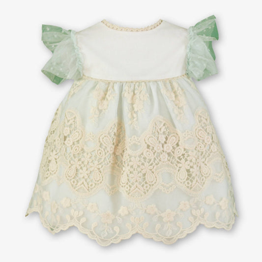 Vestido de bebé en Tul verde Agua con encaje bordado y lazo trasero